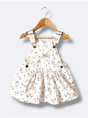 OshKosh B’gosh Overall Jumper Dress Girls 18M White Cherries Strawberries Print